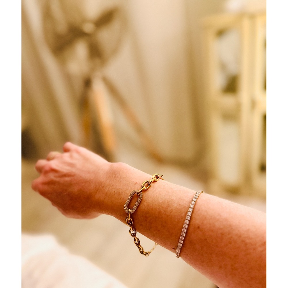 Gold Stainless Steel Pave Zircon Chain Link Bracelet Adjustable Lobster Clasp - Picture 6 of 6